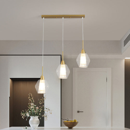 Modern Dual-Shade Diamond Ceiling Hand Lamp With Clear Glass 3-Bulb Gold Pendant Light / Linear
