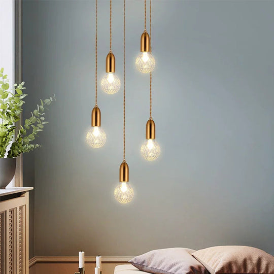 Minimalistic Single-Bulb Gold Lattice Glass Pendant Light