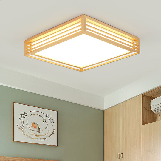 Square Acrylic Flush Ceiling Light - Asian Beige LED Fixture in Warm/White Light with Wood Frame, 14"/21.5"/25.5" W