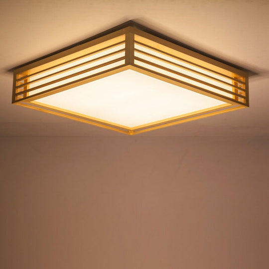 Square Acrylic Flush Ceiling Light - Asian Beige LED Fixture in Warm/White Light with Wood Frame, 14"/21.5"/25.5" W