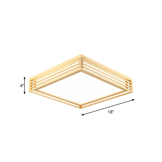 Square Acrylic Flush Ceiling Light - Asian Beige LED Fixture in Warm/White Light with Wood Frame, 14"/21.5"/25.5" W