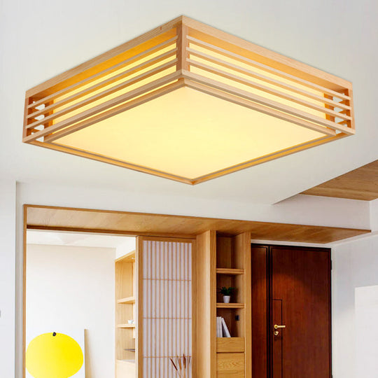 Square Acrylic Flush Ceiling Light - Asian Beige LED Fixture in Warm/White Light with Wood Frame, 14"/21.5"/25.5" W