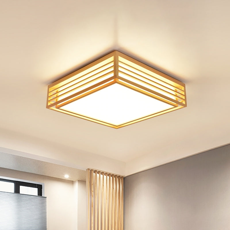 Square Acrylic Flush Ceiling Light - Asian Beige LED Fixture in Warm/White Light with Wood Frame, 14"/21.5"/25.5" W