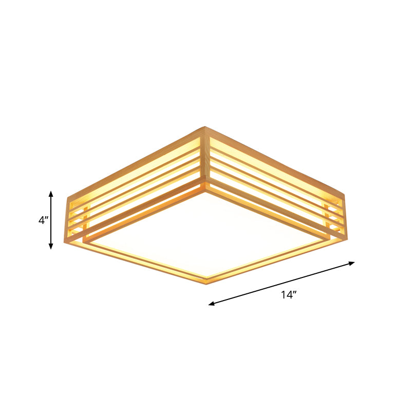 Square Acrylic Flush Ceiling Light - Asian Beige LED Fixture in Warm/White Light with Wood Frame, 14"/21.5"/25.5" W