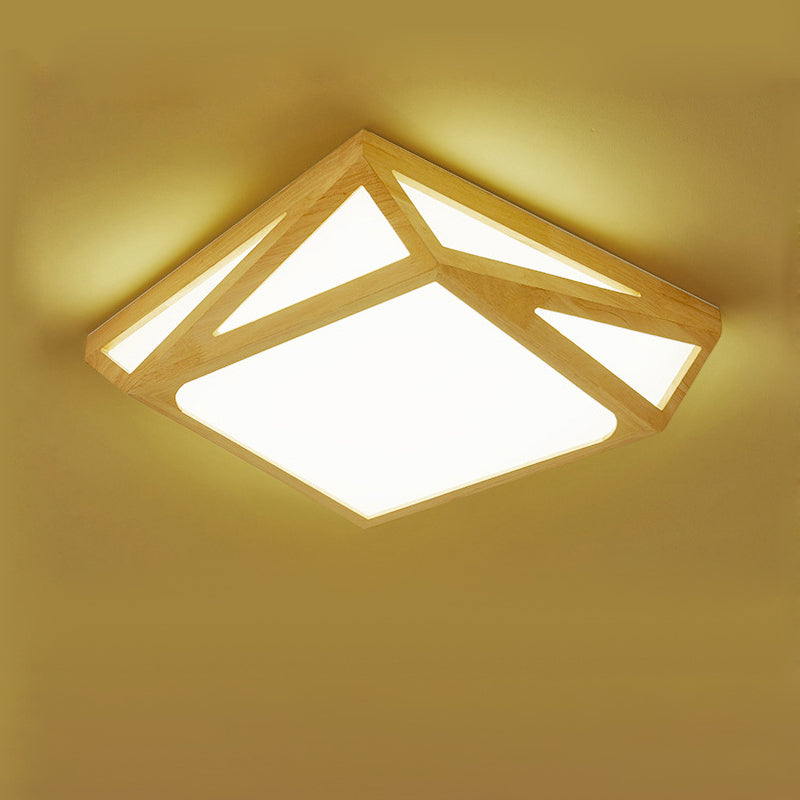 Modern Wood LED Ceiling Lamp in Warm/White Light - Square/Rectangle Flush Mount, 16"/19"/38" W for Living Room