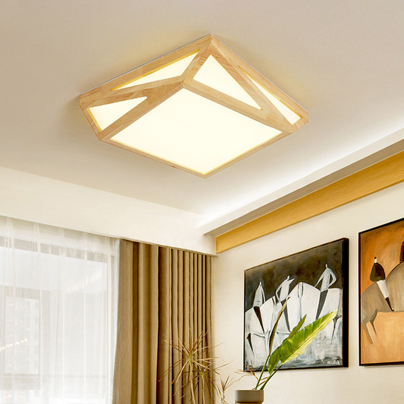 Modern Wood LED Ceiling Lamp in Warm/White Light - Square/Rectangle Flush Mount, 16"/19"/38" W for Living Room
