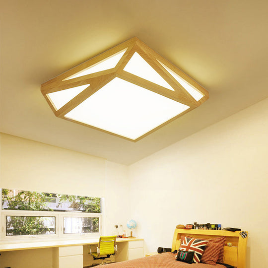 Modern Wood LED Ceiling Lamp in Warm/White Light - Square/Rectangle Flush Mount, 16"/19"/38" W for Living Room