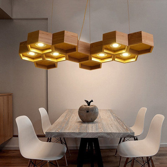 Suspension moderne Beehive : Lustre suspendu à 6 lumières en bois marron pour salle à manger