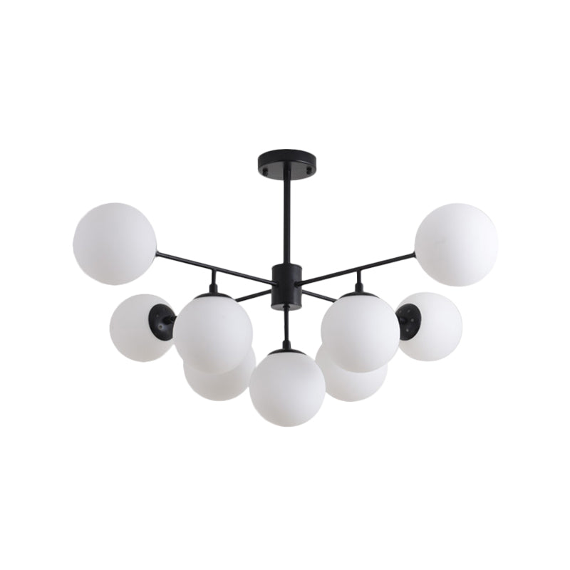 Lustre en branches de fer avec suspension noire/dorée et abat-jour en verre opale - 9/11 lumières