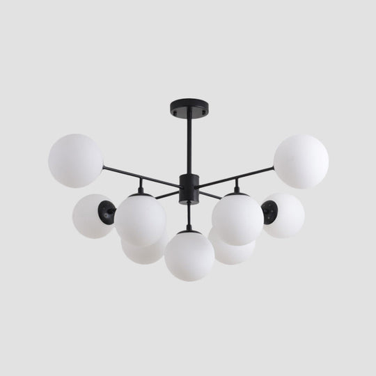 Lustre en branches de fer avec suspension noire/dorée et abat-jour en verre opale - 9/11 lumières