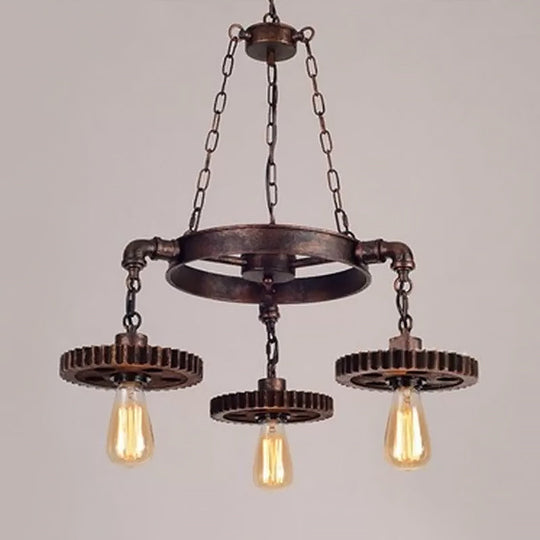 Bronze Gear Chandelier - Loft Style Iron Suspension Lamp For Living Room 3/5/7-Light Ceiling Fixture