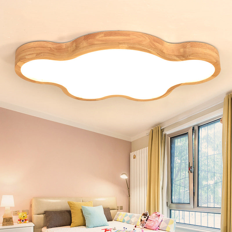 Minimalist Cloud/Star Led Ceiling Light For Childrens Bedroom - Wooden Flush Mount Lamp In Beige