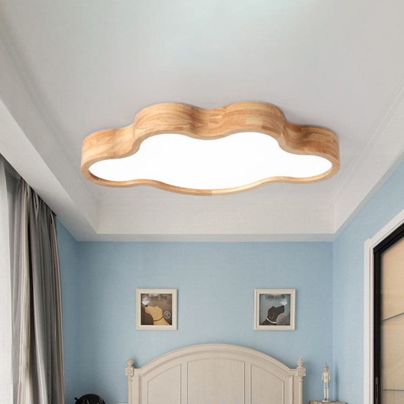Minimalist Cloud/Star Led Ceiling Light For Childrens Bedroom - Wooden Flush Mount Lamp In Beige