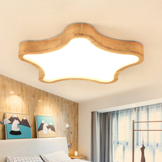 Minimalist Cloud/Star Led Ceiling Light For Childrens Bedroom - Wooden Flush Mount Lamp In Beige