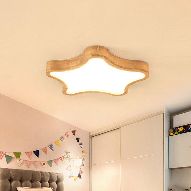 Minimalist Cloud/Star Led Ceiling Light For Childrens Bedroom - Wooden Flush Mount Lamp In Beige
