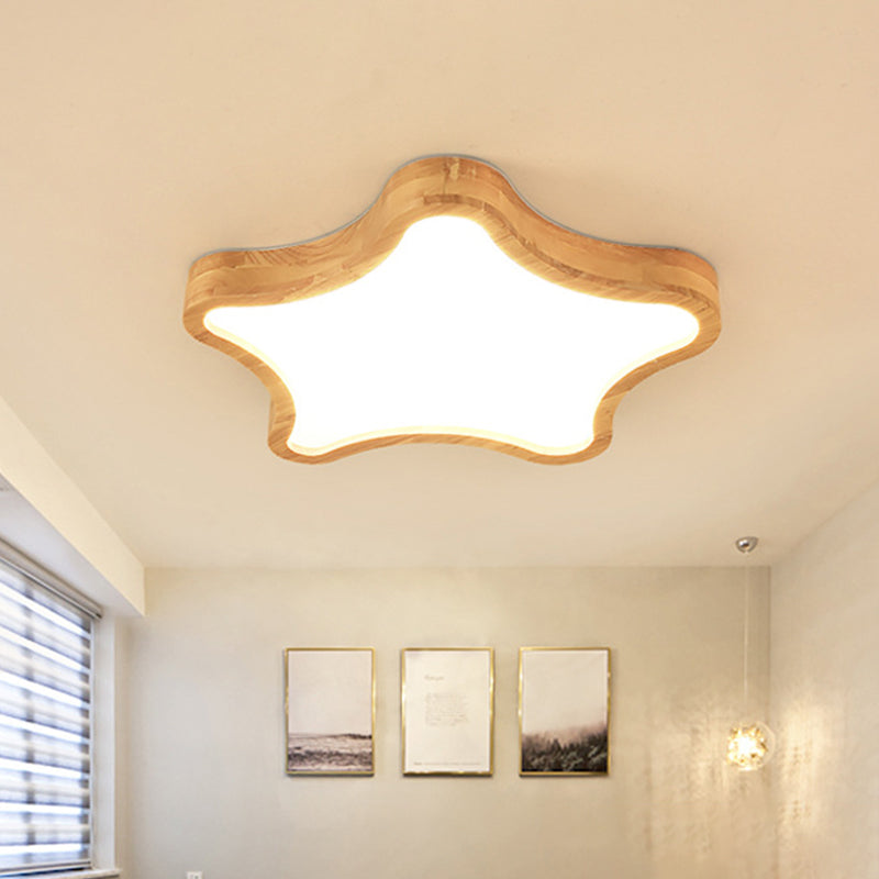 Minimalist Cloud/Star Led Ceiling Light For Childrens Bedroom - Wooden Flush Mount Lamp In Beige