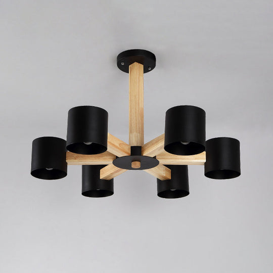 Nordic Cylindrical Ceiling Chandelier: Modern Metallic Suspension Light for Living Room in Black/White and Wood, available in 3/6/8-Light Options