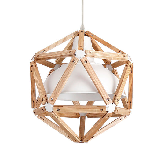 Modern Geometric Wood Bar Hanging Light: 1-Light Ceiling Pendant in Light/Dark Brown with Metal Bowl Shade
