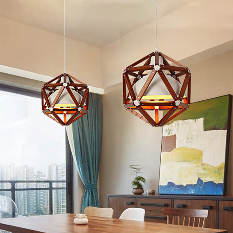 Modern Geometric Wood Bar Hanging Light: 1-Light Ceiling Pendant in Light/Dark Brown with Metal Bowl Shade