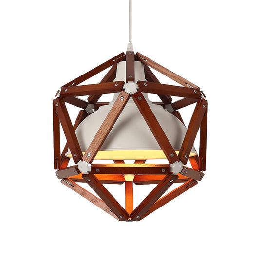 Modern Geometric Wood Bar Hanging Light: 1-Light Ceiling Pendant in Light/Dark Brown with Metal Bowl Shade