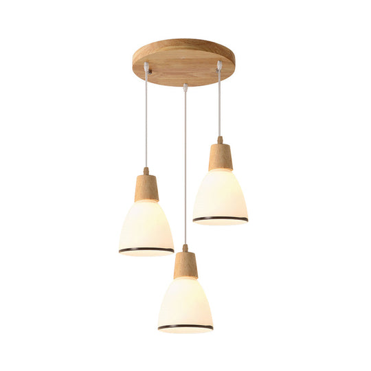 Nordic Ivory Glass Hang Lamp - 3-Head Cluster Pendant for Dining Room - Wood Finish