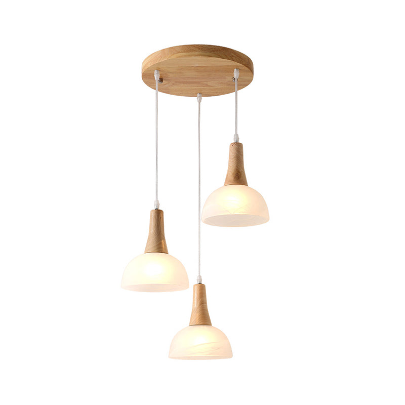 Nordic Ivory Glass Hang Lamp - 3-Head Cluster Pendant for Dining Room - Wood Finish
