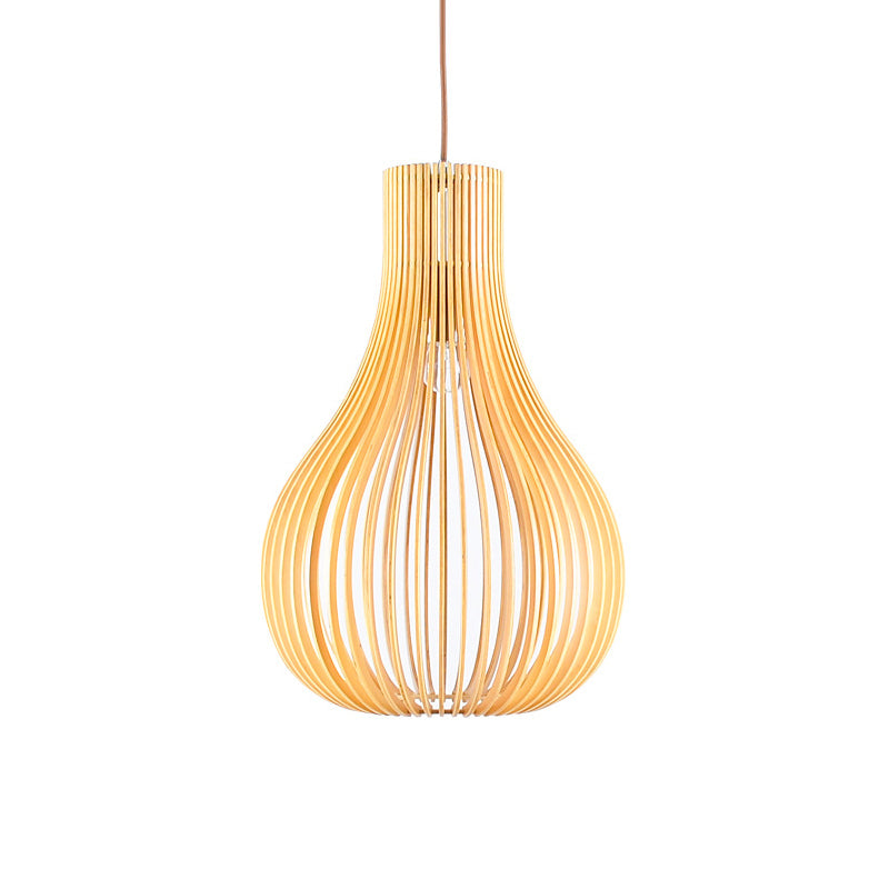 Minimalist Gourd Pendant Lamp with Wood Shade and Cutouts - Beige | Available in 12"/15" W