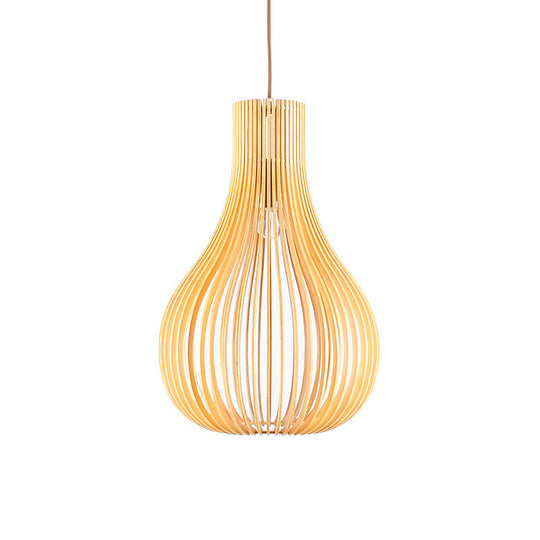 Beige Cutout Gourd Pendant Ceiling Lamp With Wood Shade - Minimalist 1-Bulb 12/15 W