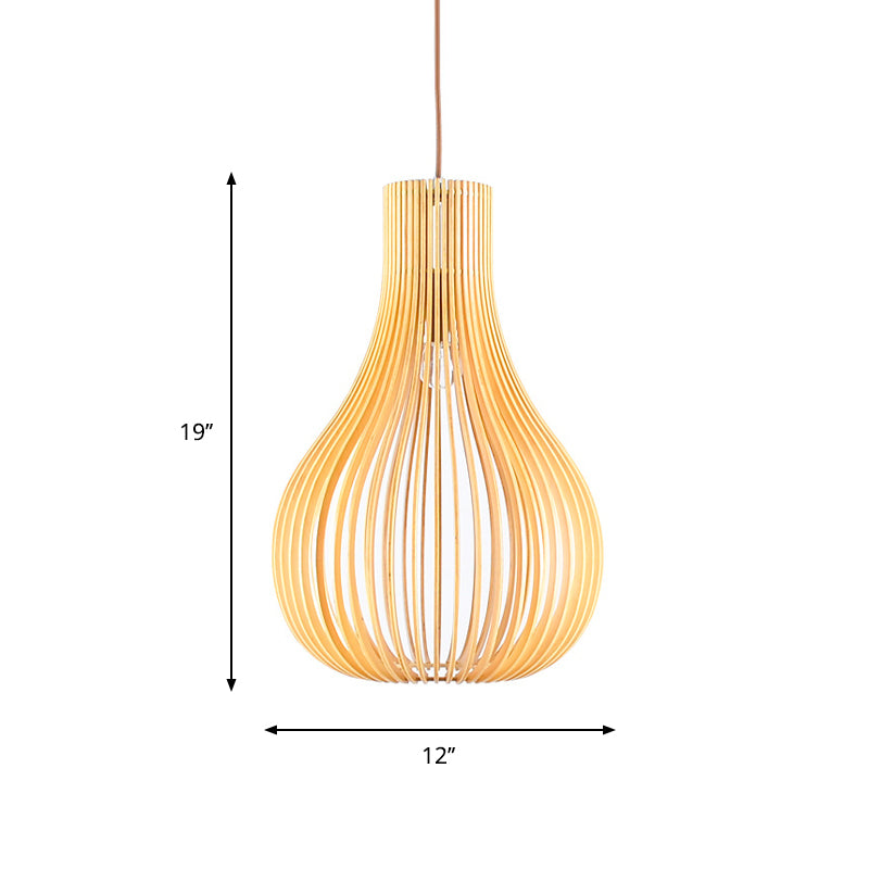 Lampe suspendue minimaliste en forme de gourde avec abat-jour en bois et découpes - Beige | Disponible en largeurs de 12"/15"