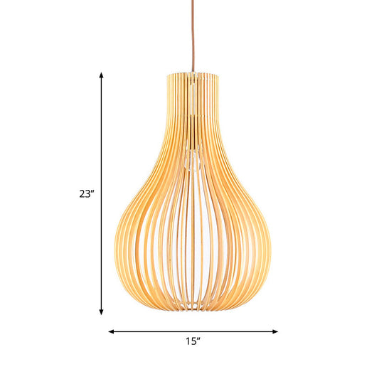 Beige Cutout Gourd Pendant Ceiling Lamp With Wood Shade - Minimalist 1-Bulb 12/15 W