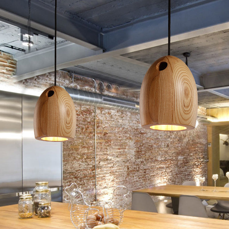 Nordic Wooden Dome Pendant Lamp For Dining Room - 1-Light Beige Ceiling Hang Light Brown