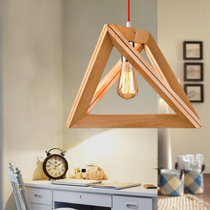 Minimalist Triangle Hanging Light With Single Bulb - Beige Pendant Wood Cage 12.5/14.5/16.5 Width /