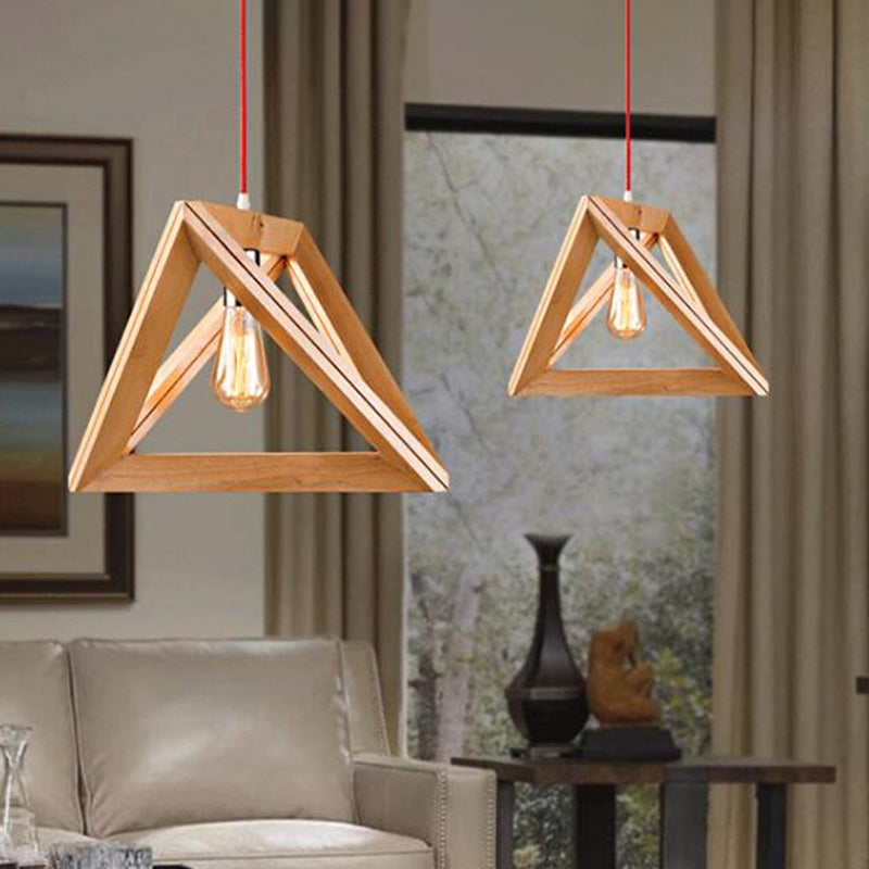 Minimalistic Beige Triangle Pendant Light with Wood Cage - Available in 12.5", 14.5", or 16.5" Width