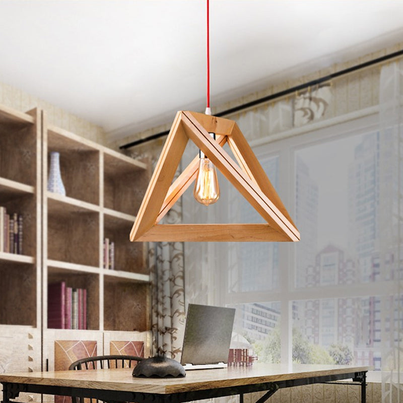 Minimalistic Beige Triangle Pendant Light with Wood Cage - Available in 12.5", 14.5", or 16.5" Width
