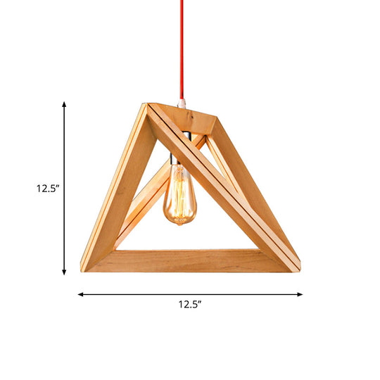 Minimalist Triangle Hanging Light With Single Bulb - Beige Pendant Wood Cage 12.5/14.5/16.5 Width