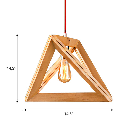 Minimalist Triangle Hanging Light With Single Bulb - Beige Pendant Wood Cage 12.5/14.5/16.5 Width