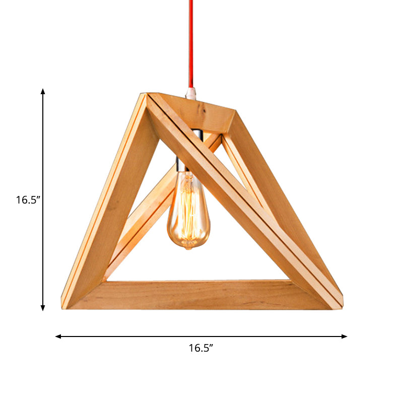 Minimalistic Beige Triangle Pendant Light with Wood Cage - Available in 12.5", 14.5", or 16.5" Width