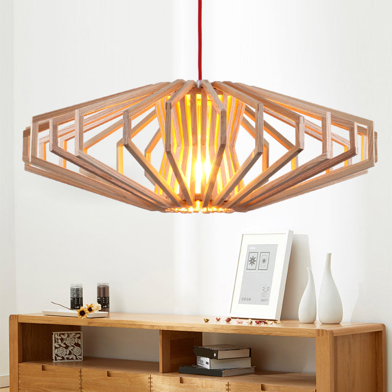 Modern Beige Single Wood Ceiling Pendant Light For Bedroom - Ufo Hollowed Out Design