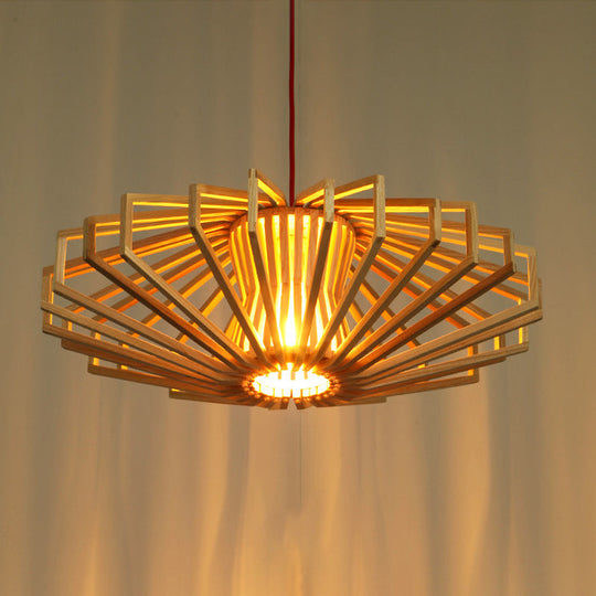 Modern Beige Single Wood Ceiling Pendant Light For Bedroom - Ufo Hollowed Out Design