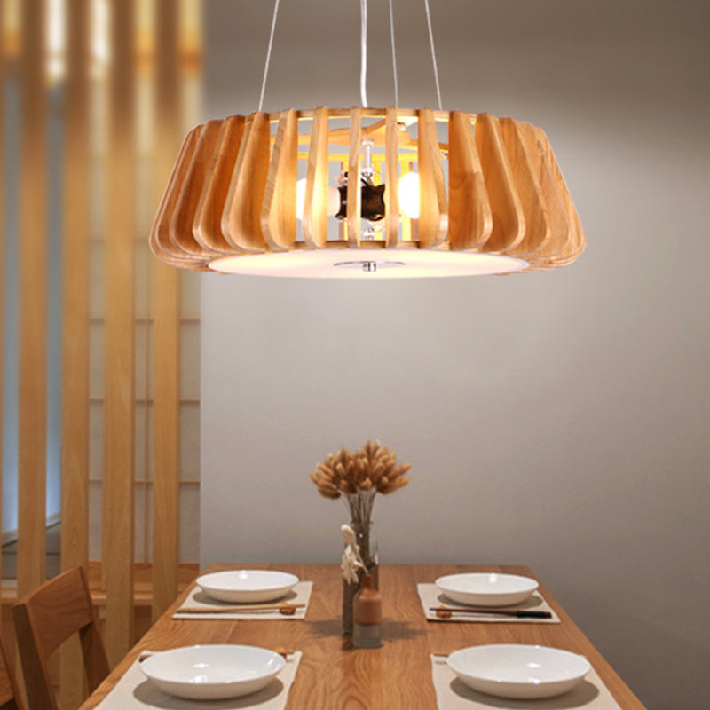 Modern Wooden Cage Pendant Light for Dining Room with Single Bulb