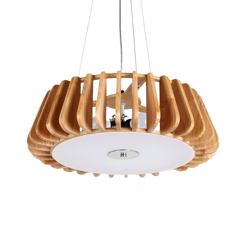 Modern Dining Room Pendant Light - Single-Bulb Hanging Lamp With Wooden Drum Cage