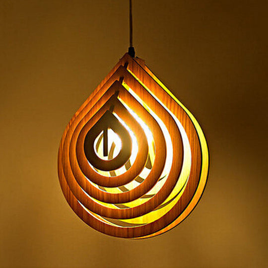 Modern Wood Bedside Pendant Light: Hollowed-Out Droplet In Beige