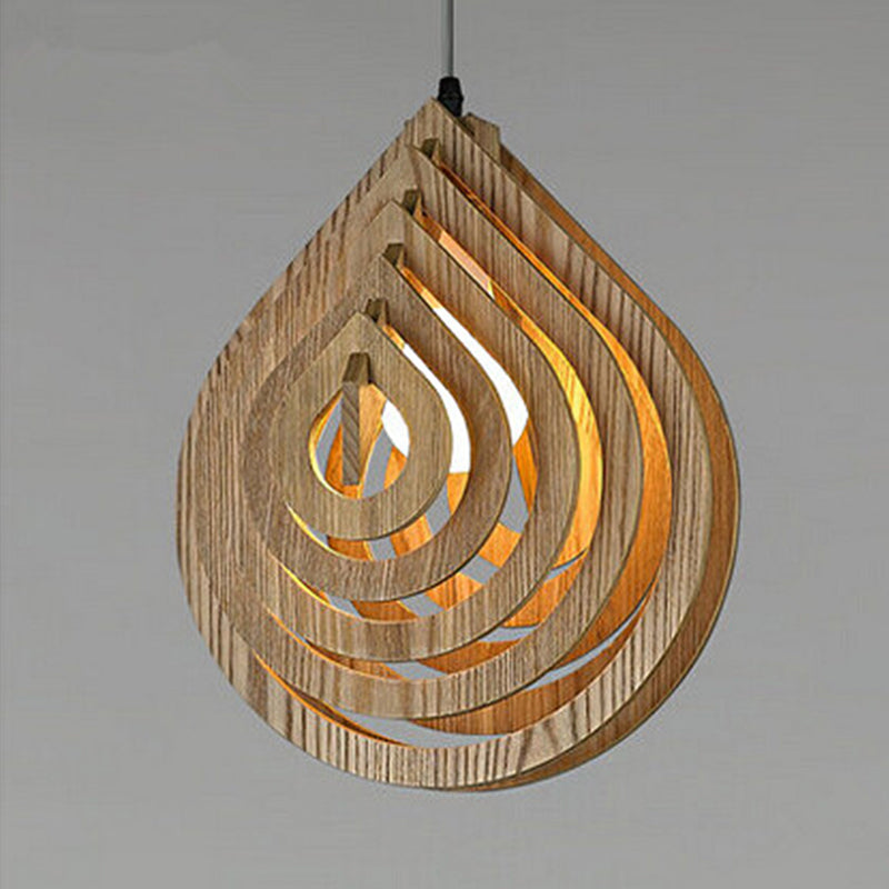 Modern Wood Droplet Pendant Light - Beige Bedside Down Lighting
