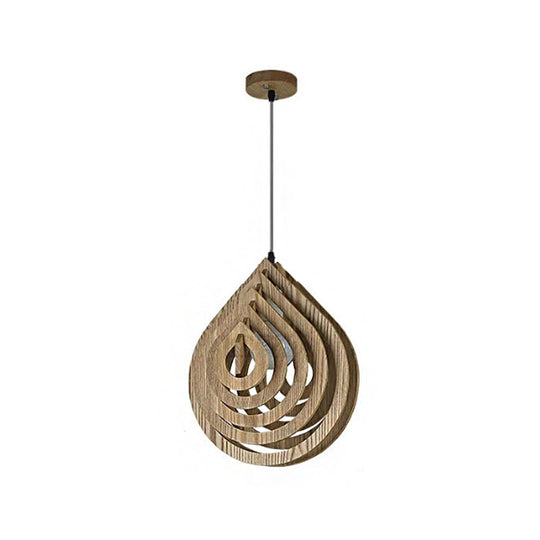Modern Wood Bedside Pendant Light: Hollowed-Out Droplet In Beige