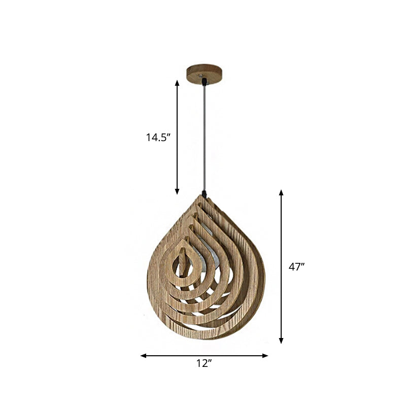 Modern Wood Bedside Pendant Light: Hollowed-Out Droplet In Beige