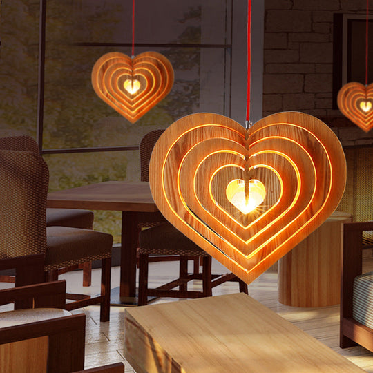 Contemporary Wood Heart Pendulum Light Beige Hanging Pendant With 1 Bulb