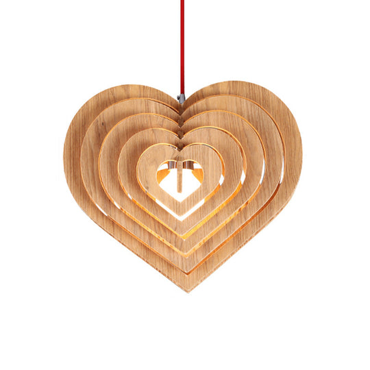 Contemporary Wood Heart Pendulum Light Beige Hanging Pendant With 1 Bulb