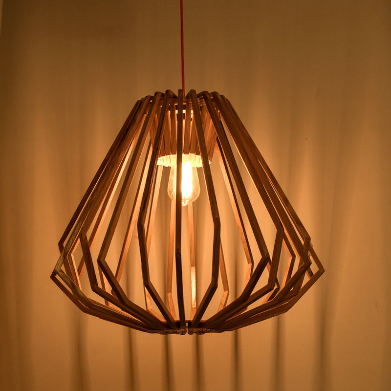 Contemporary Beige Pendant With Diamond Wood Cage - Perfect Living Room Lighting