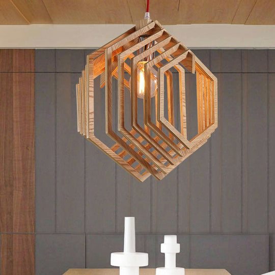 Modern Wood Hexagon Hanging Lamp - Brown Pendant Light For Dining Room Ceiling (1 Bulb)