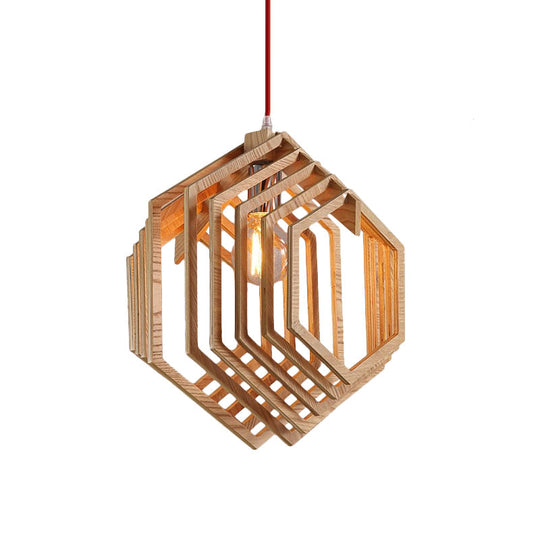 Modern Hexagon Wood Hanging Lamp - Brown Pendant Light for Dining Room Ceiling